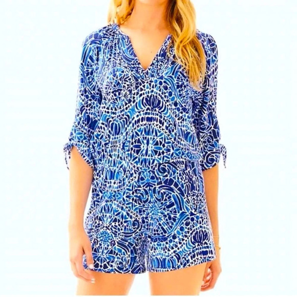 Lilly Pulitzer Bryce Romper in Bright Navy Taverna Tile - Picture 1 of 10